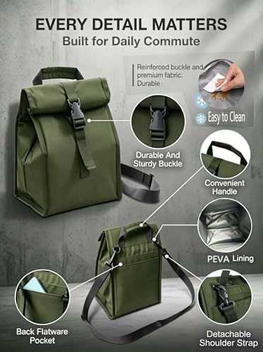 ZM-YOUTOO Insulated Foldable Lunch Bag- Lightweight Portable with Adjustable Shoulder Strap Lunch Box for Men, Women, Office, Work, Picnic, Hiking and Beach (Green(Soft Fabric))