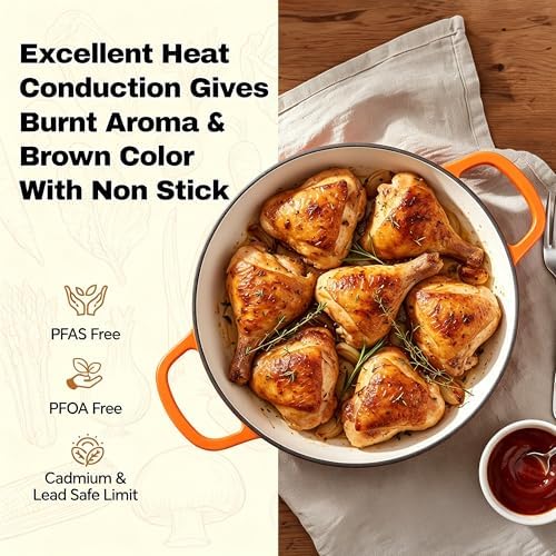 3 Quart Enameled Cast Iron Braiser, Non Stick Enameled Cast Iron Skillet with Lid, Dutch Oven Skillet with lid up to 500°F for Oven, Stove, Grill, Shallow Dutch Oven for Cook, Bake (Orange)