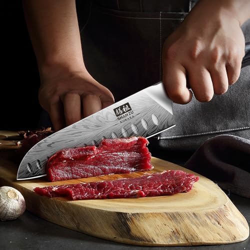SHAN ZU Kitchen Knife, Santoku Knife 20cm Professional High Carbon Powder Steel Japanese Knives, Ultra Sharp Kitchen Utility Knives with Ergonomic Pakka Wooden Handle