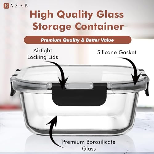 Razab 2 PC 1200ML / 41 Oz Glass Food Storage Containers with Lids - Airtight & Leakproof - Microwave/Oven/Freezer Safe - BPA Free - Ideal for Meal Prep, Storing Leftover & Lunch