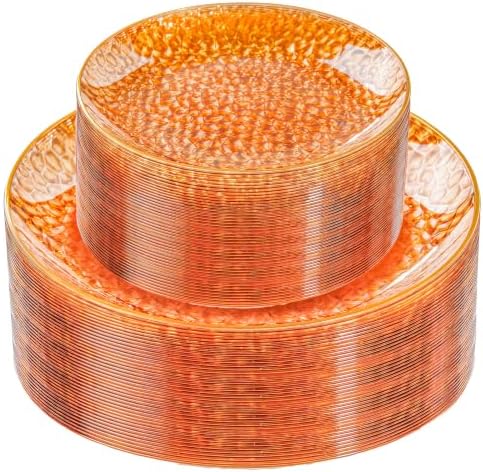 Rubtlamp 60Pcs Orange Plastic Plates, Orange Disposable Plates With Gold Rim, Hammered Plastic Plates Include 30 Dessert Platos, 30 Dinner Platos for Party