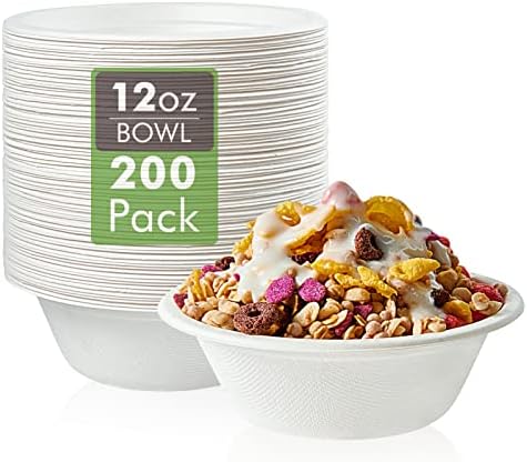 Vplus 200 Pack 12 OZ Compostable Paper Bowls, Bagasse Bowls，White