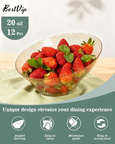 BESTVIP 20 Oz Clear with Gold Glitter Plastic Angled Serving Bowls, 12 Pack