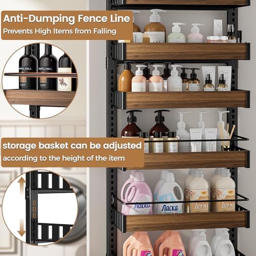 POKIPO 6 Tier Over The Door Pantry Organizer, 2-in-1 Door Hanging or Wall Mounted Spice Rack, Large Heavy Duty Pantry Door Storage Seasoning Shelves with Adjustable Basket for Kitchen Bathroom Closet