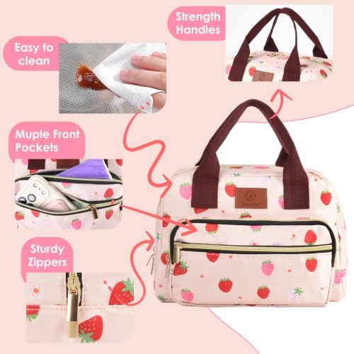Insulated Lunch box for Women,Leakproof Quilted Thermal Lunch Bag, 14L Large Capacity Lunch Tote Bag Lightweight LunchBox Cooler for Work, School, Picnic or Travel with 2 Front Pocket-Strawberry
