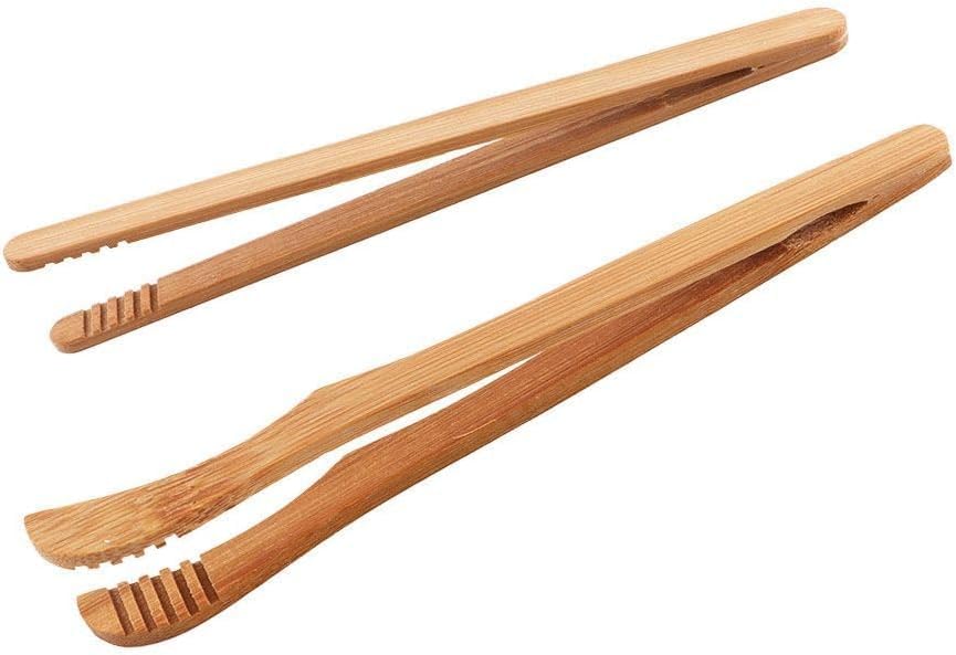 2Pcs Bamboo Toaster Tongs 6.6in/7in Long Tongs Food Clip Kitchen Tongs for Tea Bread Pickle BBQ Salad, Cooking and Holding, Cooking Tongs, Cooking Utensils(1 straight and 1 bent)