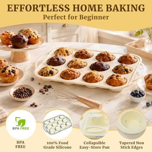 CAKETIME Silicone Muffin Pan, Metal Reinforced Frame Regular Size 2.8 Inch Cupcake Pan with Handle 12 Cups Nonstick Muffin Tray for Baking BPA Free 1 Pack