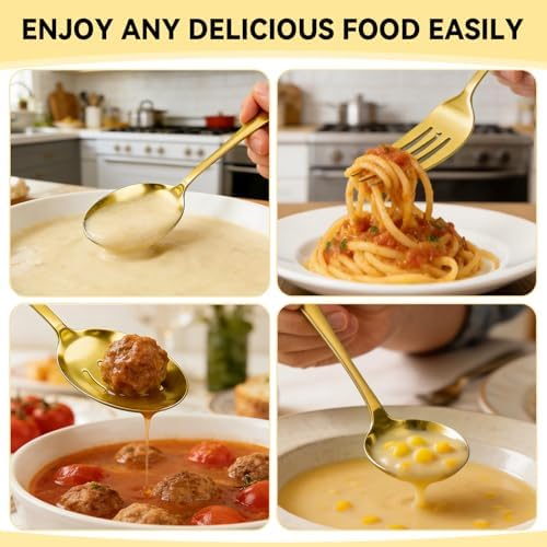 Artcochan 12 PCS Gold Serving Utensils, Stainless Steel Set Includes Large Serving Spoons, Slotted Spoons, Ladle, Forks, Tongs, Appetizers Tongs and Cake Server for Buffet Party Catering