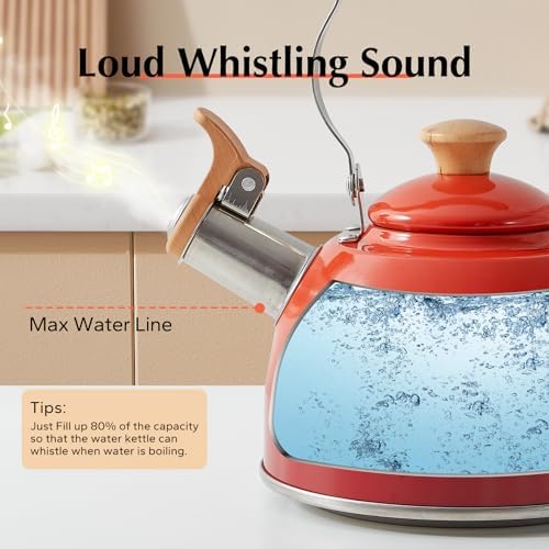 ROCKURWOK Tea Kettle 1.6 Qt Tea Kettles Stovetop Whistling Fast Boil, Red