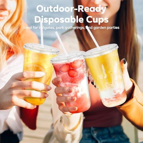 50 Pack 18 oz Disposable Plastic Cups with Lids and Straws, Clear Drink Cup
