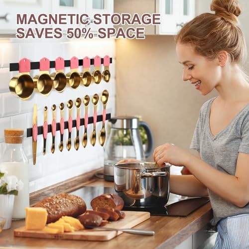 16-Piece Magnetic Measuring Cups & Spoons Set, Stainless Steel, Pink & Gold