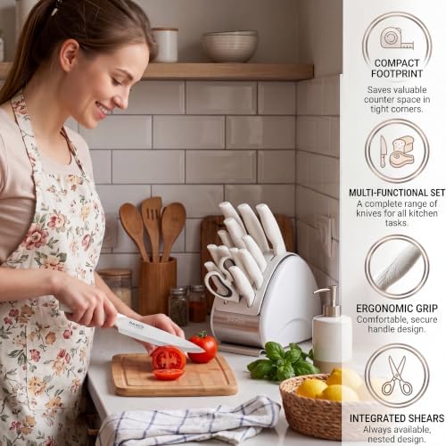 Raxco 15-Piece White Knife Set with Block and Built-in Sharpener