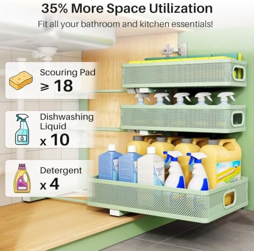 Kitstorack Under Sink Organizer, 2-Pack 3-Tier Height Adjustable Thickened Metal Pull out Cabinet Organizer Shelf, Slide out Storage Drawer Rack for Bathroom Kitchen Pantry Home Organization, Green