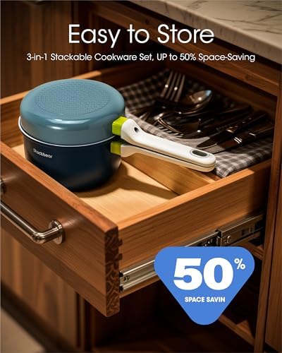 Ceramic Non Stick Sauce Pan, 2.5QT Saucepan with Frying Pan as Lid, Steamer Pot for Cooking, Induction Cookware Set, PTFE, PFOA & PFAS Free, Drak Blue