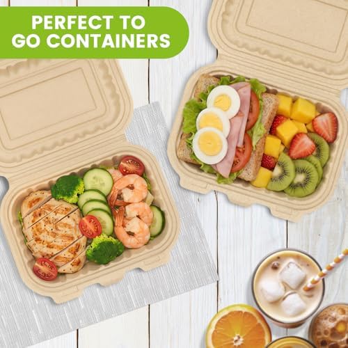 Clamshell Take Out Food Containers, 50 Pack-22oz Disposable Meal Prep Containers Natural Rice Husk Material Durable To Go Containers for Pasta Salad Snacks Taco Chinese Food Restaurants 8"X6"X2.5"