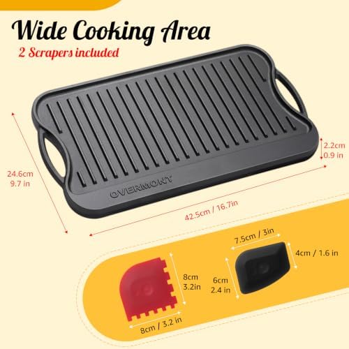OVERMONT 17" x 9.8" Reversible Cast Iron Griddle, Double Burner Pan