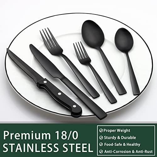 EWFEN 24-Piece Black Silverware Set with Steak Knives, Black Flatware Set for 4, Food-Grade Stainless Steel Tableware Cutlery Set, Mirror Finished Utensil Sets for Home Restaurant, Square Edge
