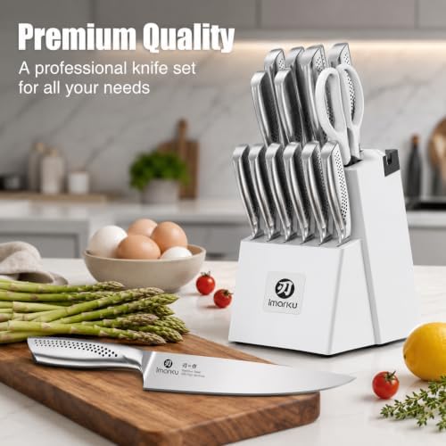 imarku 15PCS White Knife Set, High Carbon Stainless Steel with Sharpener