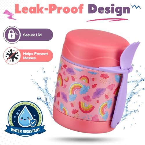 10oz Soup Thermo for Hot Food Kids,Lunch Thermo Kids Food Jar with Spoon Hot Insulated Food Containers,Leak Proof Stainless Steel Wide Mouth Lunch Thermo Jar for School(Pink-Rainbow)