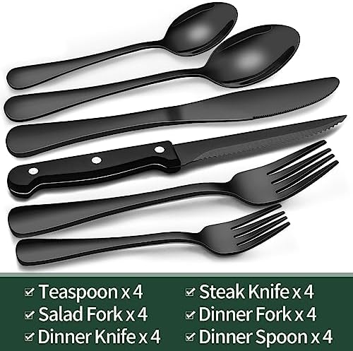 EWFEN 24-Piece Black Silverware Set with Steak Knives, Black Flatware Set for 4, Food-Grade Stainless Steel Tableware Cutlery Set, Mirror Finished Utensil Sets for Home Restaurant, Round Edge
