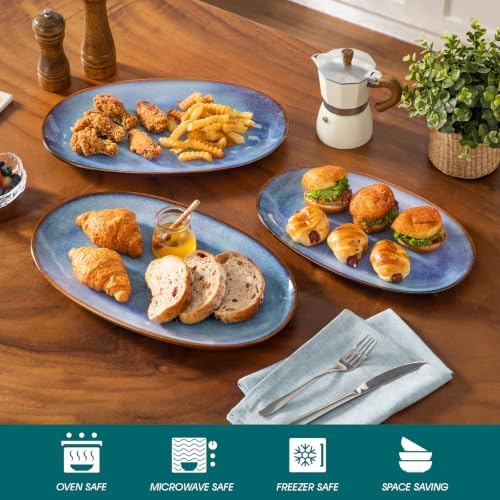 vancasso Ceramic Serving Platters Set of 3, Oval 16/14.7/13.5 Inch Stoneware Serving Dishes for Entertaining, Microwave Safe Serving Trays for Food, Turkey, Cheese, Party, Reactive Glaze Blue