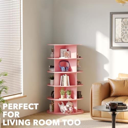 SpaceAid 5 Tier Rotating Shoe Rack Tower, Spinning Shoe Display Lazy Susan, Revolving 360 Shoe Rack Storage Round Carousel, Vertical Handbag Rotate Shoes Closet Organization (5-Tier Pink)
