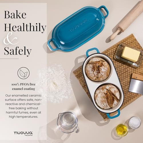 Dutch Oven For Sourdough Bread Baking – Enamelled Cast Iron Bread Loaf Pot – 500°F Oven Safe Non Stick Bread Pot – Double Round Loaf Space, 16.5cm Diameter, Light Blue, – by Nuovva