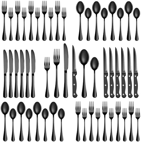 36 Pcs Black Silverware Set with Steak Knives, Stainless Steel Flatware Cutlery Set for 6, Kitchen Tableware Sets, Utensil Sets for Home and Restaurant, Dishwasher Safe