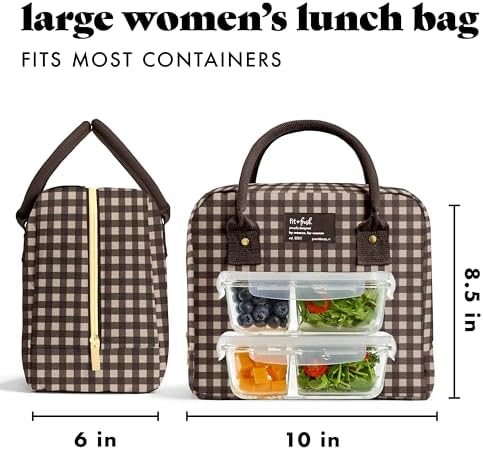 Fit & Fresh Bloomington Lunch Bag for Women - Insulated Large Lunch Box for Work with Containers, Leak-Resistant, Gingham Tan