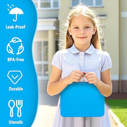 Kids Bento Lunch Box with Ice Pack, 5 Compartments Leak-Proof Bento Box with Utensils, 5.5-Cup Capacity for Adults & Ages 8+, BPA Free, Microwave & Dishwasher Safe, Blue