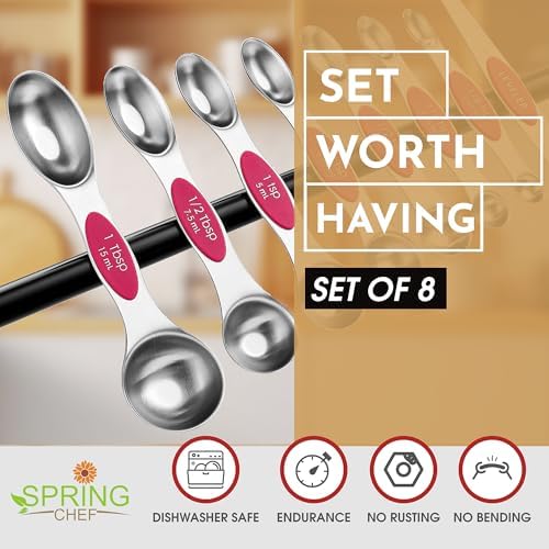 Spring Chef Dual Sided Magnetic Measuring Spoons Set of 8 for Kitchen, Pink