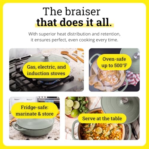 Lodge Essential Enamel Cast Iron Braiser, 3.6 Quart, Desert Sage