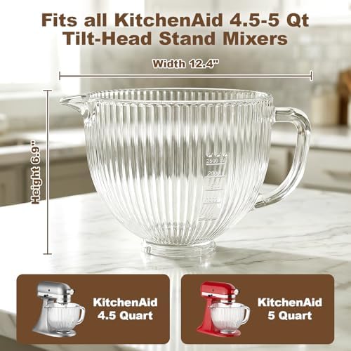 HOZODO Glass Mixer Bowl for KitchenAid 4.5 & 5-Qt Tilt-Head Stand Mixers
