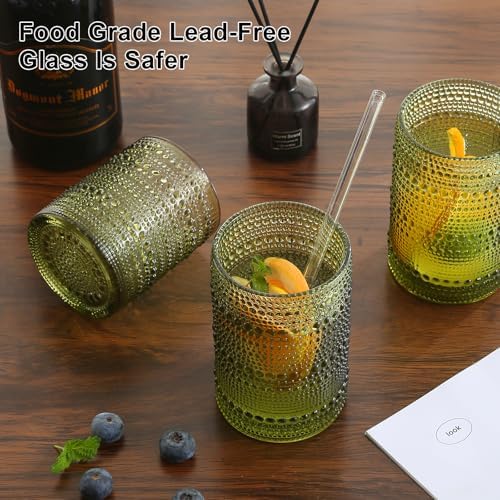 ZMOWIPDL Drinking Glasses Set of 12,Green 12oz & 15oz Hobnail Glass Cups