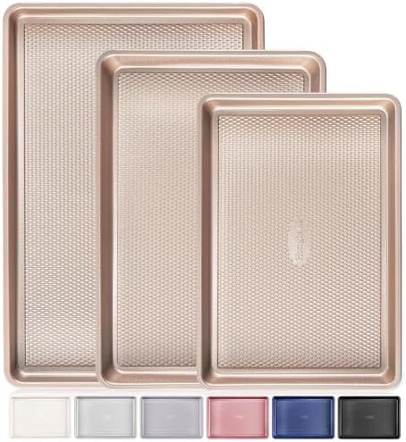 HONGBAKE Baking Sheet Pan Set of 3, Cookie Sheets for Oven, Nonstick Half/Quarter/Jelly Roll Pans with Diamond Texture Pattern, 0.8mm Thick Heavy Duty Cookie Tray, Champagne Gold