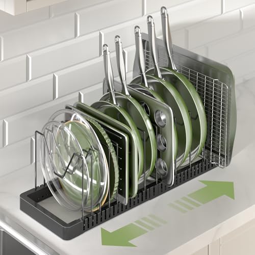 PanPanPal Pots and Pans Organizer under Cabinet, Expandable Pot Lid Organizer Holder with 14 Adjustable Compartment, Pan Organizers inside Cabinet for Lids, Bakeware, Kitchen Storage Pot Rack, Black