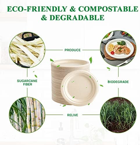 Vplus 350 Pack Compostable Bagasse Paper Plates 6.9 inch, Nature