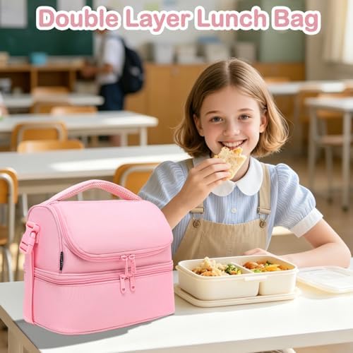 FlowFly Double Decker Cooler Insulated Lunch Bag Large Tote for Boys, Girls, Men, Women, With Adjustable Strap,Pink