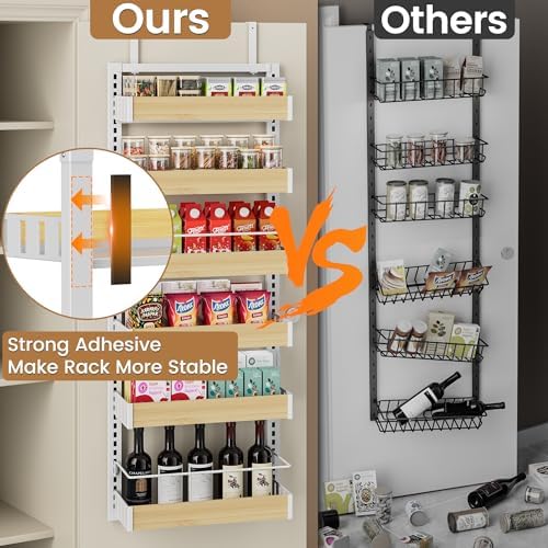 POKIPO 6 Tier Over The Door Pantry Organizer, 2-in-1 Door Hanging or Wall Mounted Spice Rack, Large Heavy Duty Pantry Door Storage Seasoning Shelves with Adjustable Basket for Kitchen Bathroom Closet