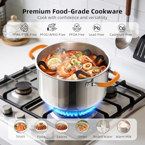 Ciwete Stainless Steel Stock Pot, 11 Quart Soup Pot with Lid, Heavy-Duty Thick Bottom Induction Cooking Pot for Pasta, Stew & Simmering, Fast Heating, Compatible with All Cooktops, Dishwasher Safe