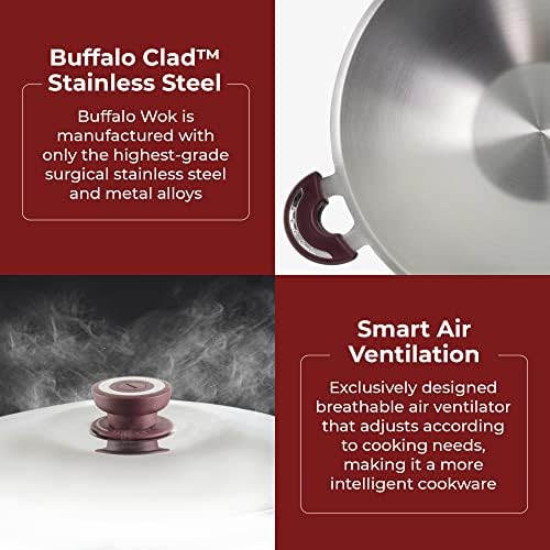 BUFFALO Clad Stainless Steel Wok Pan with Lid Flat Bottom 14 inch (35cm) Stir Frying Pan Tri-Ply Nonstick Cookware - Double Handle Cooking Pot for Induction/Electric/Gas Stoves
