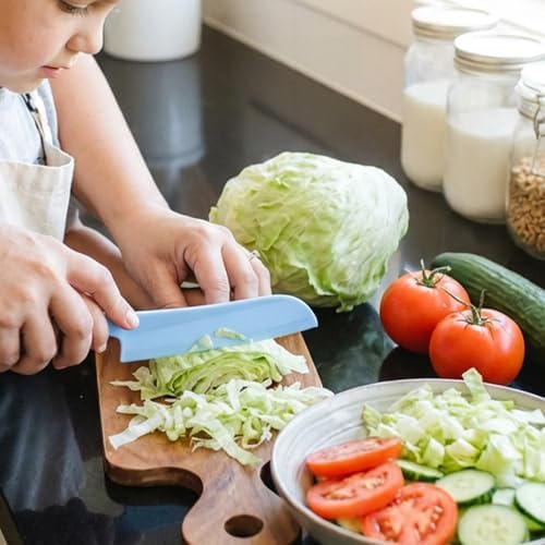 4 Pack Lettuce Knife 11/8.5" Plastic Cake Knifes to Prevent Browning Serrated Kitchen Cutter for Cutting Fruits, Cakes and Bread Dishwashable Safe for Kids Nylon Cutters for Nonstick Pans (Blue, S&L)