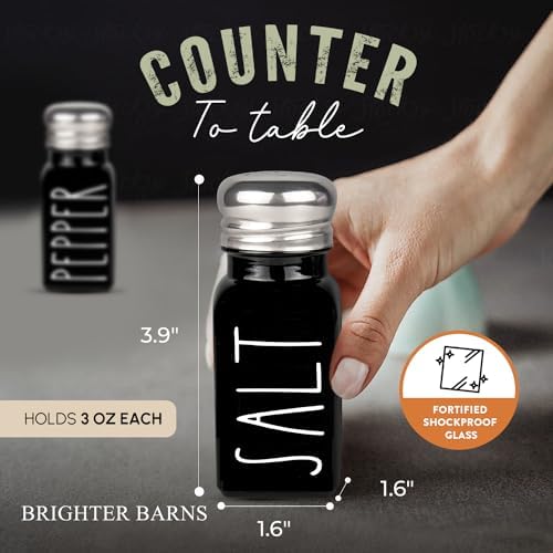 Black Salt and Pepper Shakers Set by Brighter Barns - Cute Kitchen Decor - Gothic or Halloween Kitchen Decor - Glass Shaker with Stainless Steel Lid for Home, Restaurant, Gifts (Black)