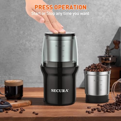 Secura Electric Coffee and Spice Grinder, 2 Removable Bowls, Black