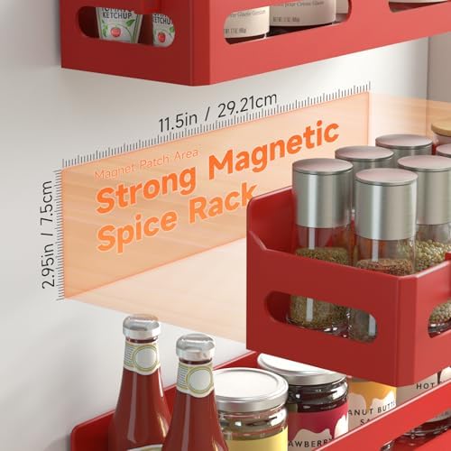 Sevenblue 4-Pack Magnetic Spice Rack for Refrigerator with Hooks, Red