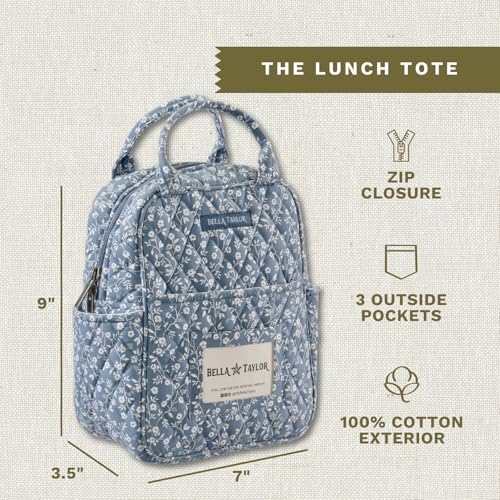 Bella Taylor Lunch Tote, Quilted Lunch Bag, Heritage Blue Floral