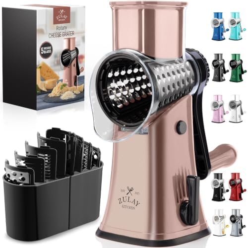 Rotary Cheese Grater Manual Hand Crank 5 Blade Shredder, Rose Gold & Black