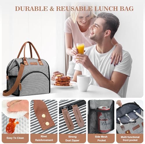LOKASS Lunch Bag Insulated Lunch Box Wide-Open Lunch Tote Bag with Removable Shoulder Strap for Women/Men Adults Work Picnic Hiking Beach Fishing(Stripes)