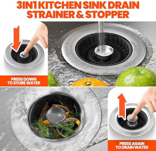 3 in 1 Kitchen Sink Drain Strainer Stopper Basket Pop Up Black