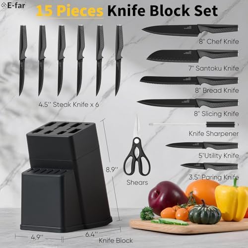 E-far Knife Set, 15-Piece Kitchen Knife Block Set with Sharpener, Black